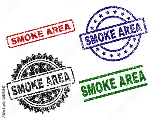 SMOKE AREA seal prints with damaged surface. Black, green,red,blue vector rubber prints of SMOKE AREA label with dust surface. Rubber seals with round, rectangle, medallion shapes.
