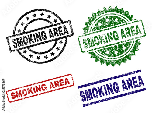 SMOKING AREA seal prints with corroded style. Black, green,red,blue vector rubber prints of SMOKING AREA title with grunge style. Rubber seals with circle, rectangle, rosette shapes.