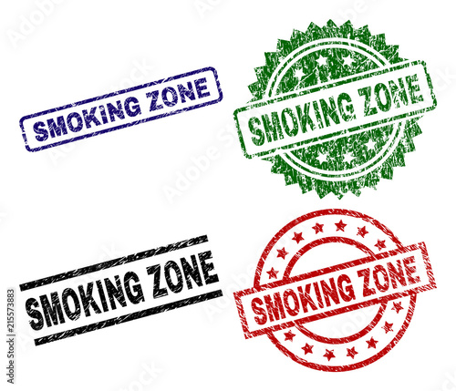 SMOKING ZONE seal prints with damaged texture. Black, green,red,blue vector rubber prints of SMOKING ZONE caption with scratched style. Rubber seals with circle, rectangle, rosette shapes.