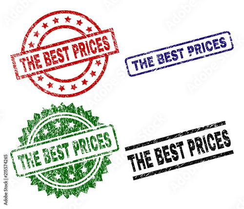 THE BEST PRICES seal stamps with corroded texture. Black, green,red,blue vector rubber prints of THE BEST PRICES tag with retro texture. Rubber seals with round, rectangle, medal shapes.