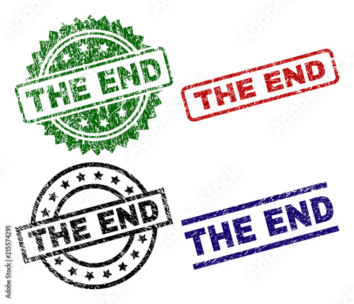 THE END seal prints with corroded style. Black, green,red,blue vector rubber prints of THE END title with grunge style. Rubber seals with round, rectangle, rosette shapes.