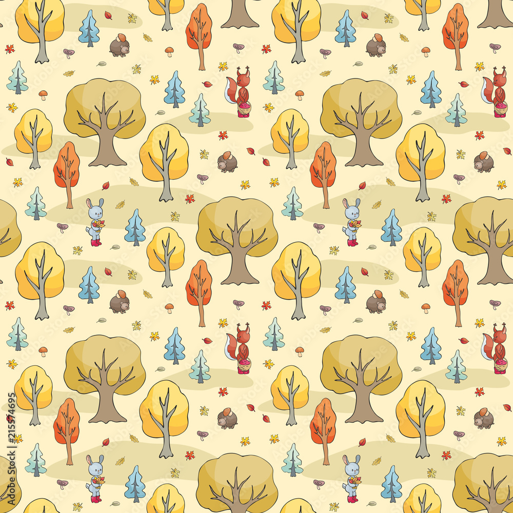 Autumn seamless pattern with cute forest animals in doodle style. Colorful vector background. Autumn seamless pattern with cute forest animals in doodle style. Colorful vector background.