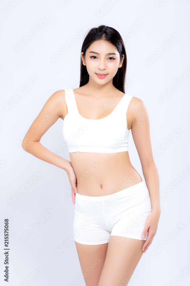 Portrait young asian woman smiling beautiful body diet with fit isolated on white background, model girl weight slim with cellulite or calories, health and wellness concept. Portrait young asian woman smiling beautiful body diet with fit isolated on white background, model girl weight slim with cellulite or calories, health and wellness concept.
