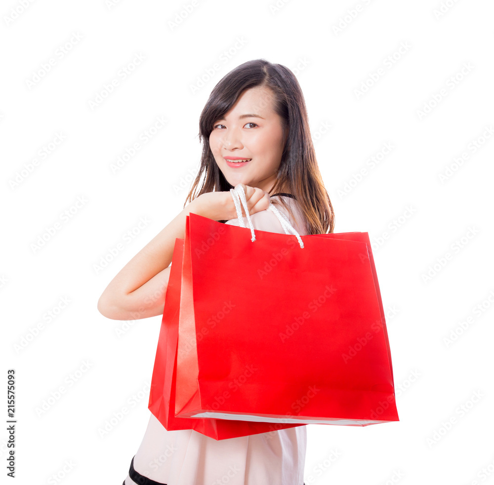 Beautiful of portrait young woman smiling holding paper bag isolated on white background, girl is customer or buyer, shopping concept. Beautiful of portrait young woman smiling holding paper bag isolated on white background, girl is customer or buyer, shopping concept.