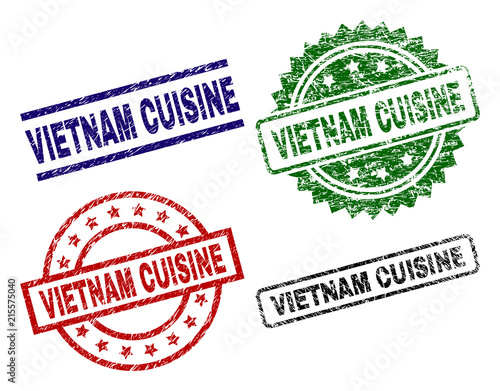 VIETNAM CUISINE seal prints with distress style. Black, green,red,blue vector rubber prints of VIETNAM CUISINE label with retro surface. Rubber seals with circle, rectangle, medal shapes.