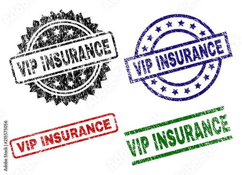 VIP INSURANCE seal imprints with distress texture. Black, green,red,blue vector rubber prints of VIP INSURANCE caption with dust texture. Rubber seals with circle, rectangle, medallion shapes.