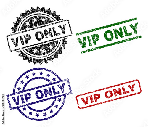 VIP ONLY seal prints with corroded surface. Black, green,red,blue vector rubber prints of VIP ONLY title with retro texture. Rubber seals with round, rectangle, medal shapes.