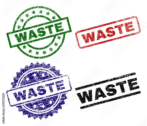 WASTE seal prints with distress surface. Black, green,red,blue vector rubber prints of WASTE title with dirty surface. Rubber seals with round, rectangle, medallion shapes.
