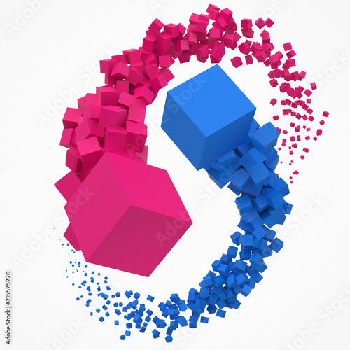 concept of duality. balance and harmony between two themes. cubes moving on air. 3d style vector illustration