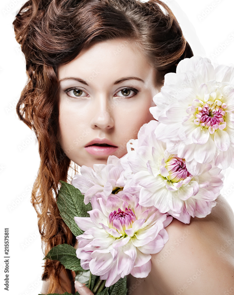 woman with big pink flowers