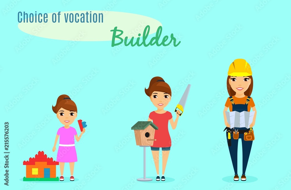 Choice of vocation. Profession Builder. A little girl from childhood chose the profession of Builder. A little girl is building a house with the help of children's building blocks Choice of vocation. Profession Builder. A little girl from childhood chose the profession of Builder. A little girl is building a house with the help of children's building blocks