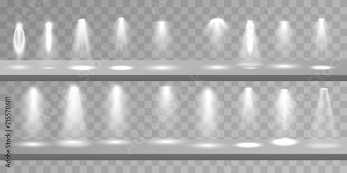 Scene illumination different shapes and projections collection, transparent special effects. Bright lighting with spotlights.