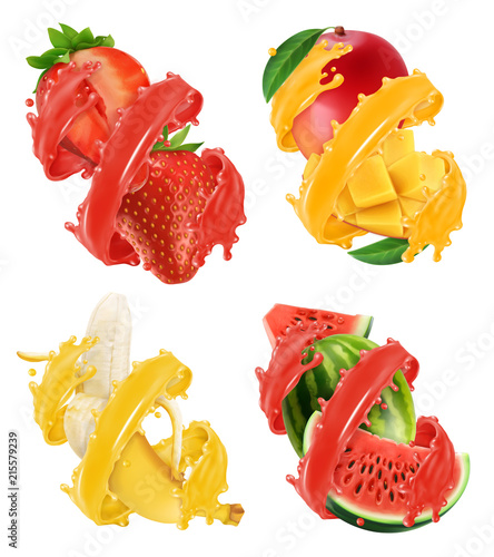 Fruits and berries in splash of juice. Mango, banana, watermelon, strawberry. 3d realistic vector