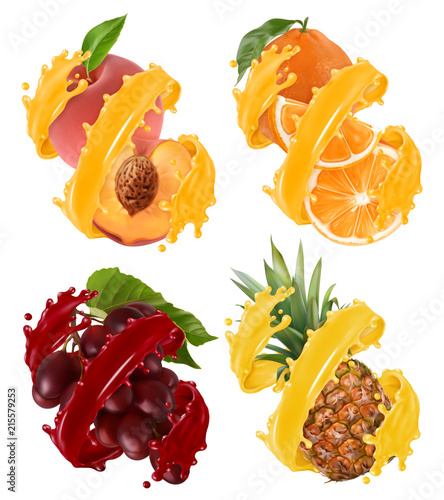 Fruits and berries in splash of juice. Orange, pineapple, grapes, peach. 3d realistic vector