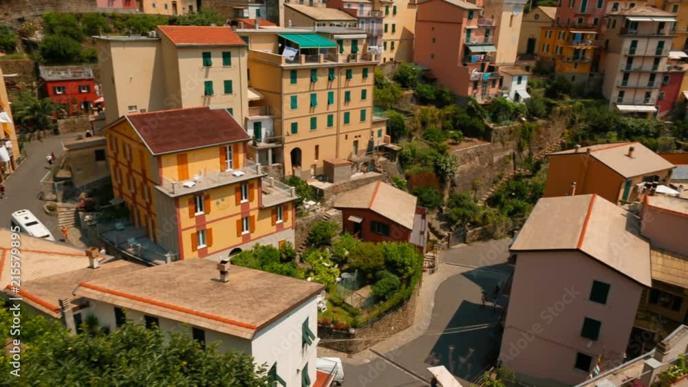 Elevated tracking shot of the villages of Corniglia and Manarola in Cinque Terre, Liguria, Italy, famous for its coastline, five villages and surrounding hillsides Elevated tracking shot of the villages of Corniglia and Manarola in Cinque Terre, Liguria, Italy, famous for its coastline, five villages and surrounding hillsides