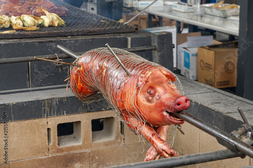 roast, spit, fire, hog, pig, grill, roasting, food, dinner, meat, barbecue, roasted, traditional, party, meal, delicious, tasty, heat, cook, pork, grilled, skewer, image, horizontal, colour