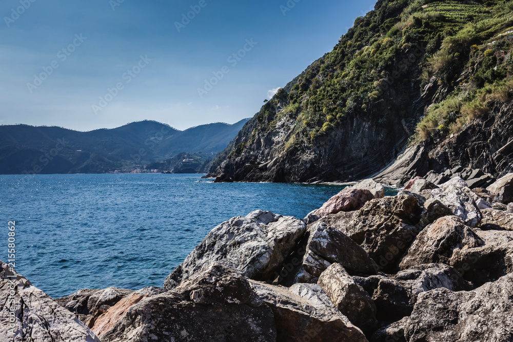 Rocky coastline, Ligurian sea. Cinque terre, Italy