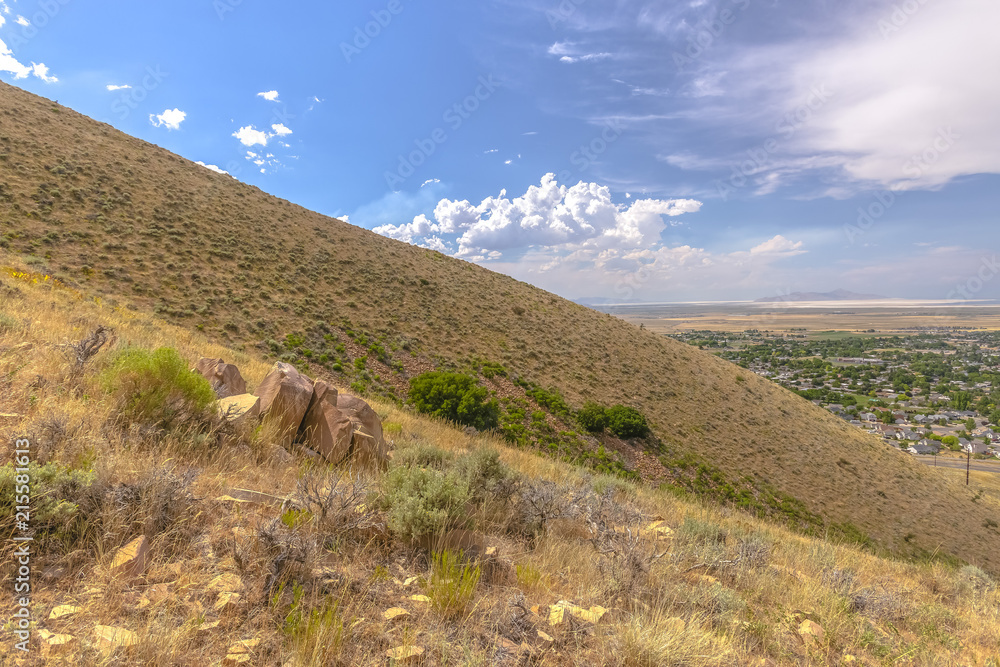 Obraz premium Hills with dead foliage and view of homes