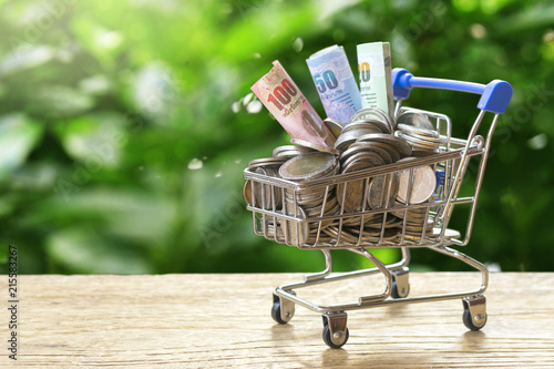 Full of Money and coin in shopping cart on green nature background with copy space. Reword or Cash back from shopping. Business and Finance concept. 