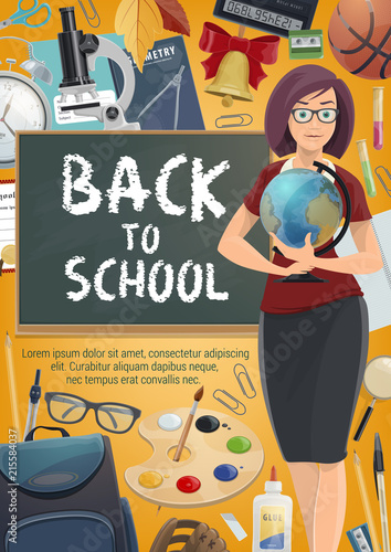 Teacher with student school supplies poster