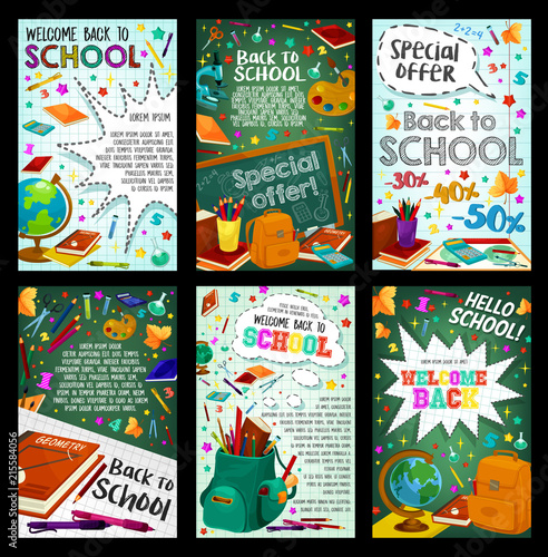 School supplies sale banner with student items