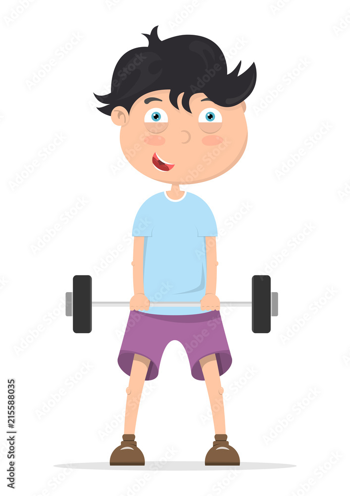 the boy lifts heavy dumbbells,the child goes in for sports,weight lifting,vector  image, flat design, cartoon character Stock Vector | Adobe Stock