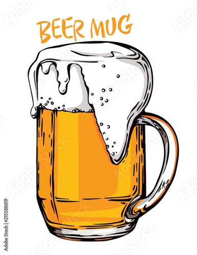 Color vector image of a beer mug. Drink with a lot of foam. Draught beer