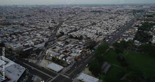 Aerial view of cars commuting near downtown Philadelphia.