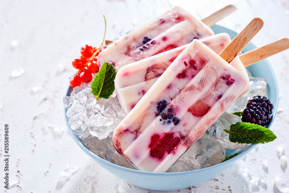Blackberry and red currant frozen yogurt dessert - obrazy, fototapety, plakaty 