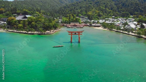 Aerial Drone Flying Over Itsukushima Shrine at Miyajima, Hiroshima, Japan.