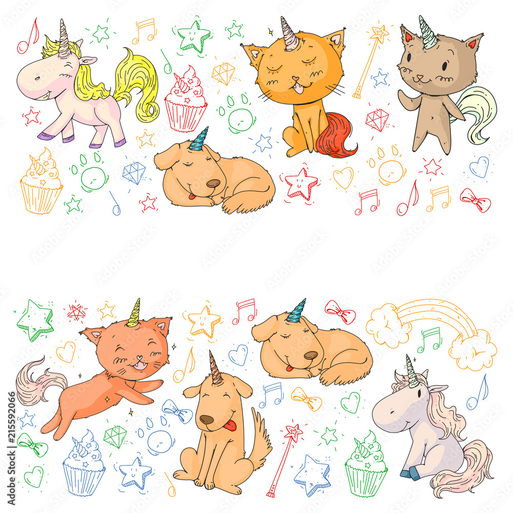 Obraz premium Vector unicorns. Caticorn. Cat, dog, pony with horn and rainbow. Fantasty vector icons. Cute kindergarten pattern for little children. Princess fairy tale.