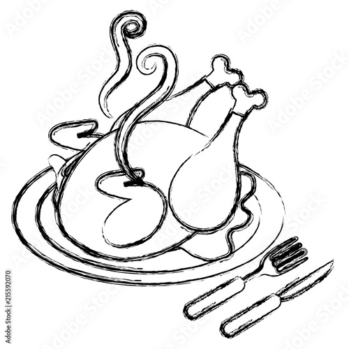 dish with chicken meat and cutleries