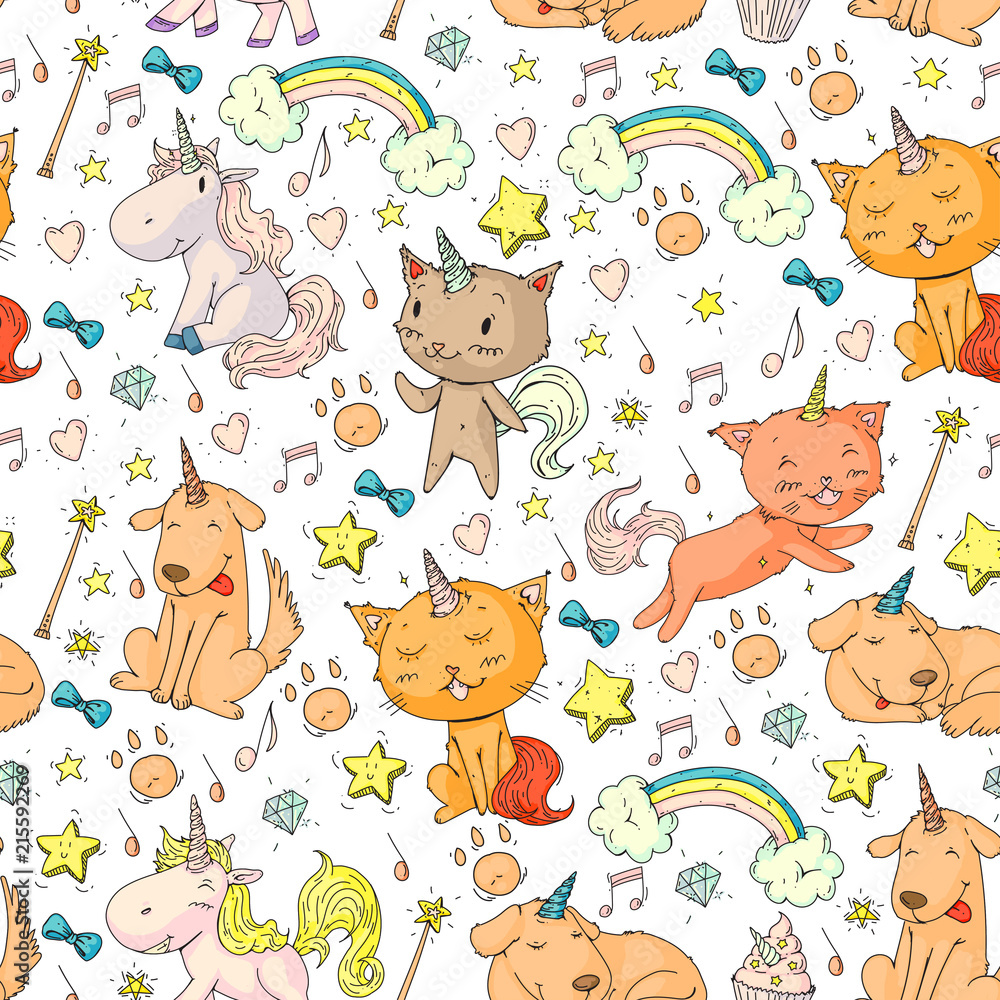 Vector unicorns. Caticorn. Cat, dog, pony with horn and rainbow. Fantasty vector icons. Cute kindergarten pattern for little children. Princess fairy tale.