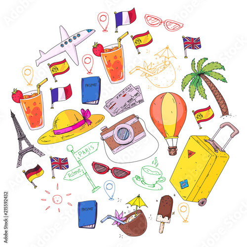 Vector pattern with travel icons. Get ready for adventures and travel. Great vacation, holidays. Hot air balloon, suitcase, airplane.