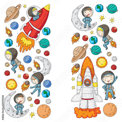 Space for children. Kids and cosmos exploration. Adventures, planets, stars. Earth and Moon. Rocket, shuttle, sun.