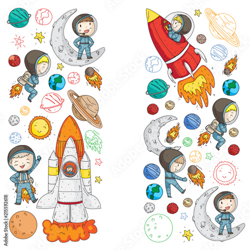 Space for children. Kids and cosmos exploration. Adventures, planets, stars. Earth and Moon. Rocket, shuttle, sun.