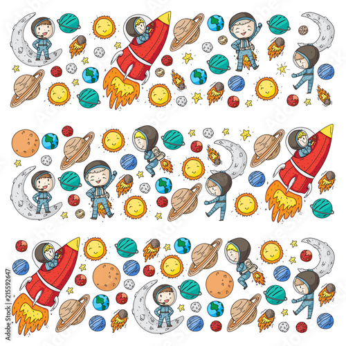 Space for children. Kids and cosmos exploration. Adventures, planets, stars. Earth and Moon. Rocket, shuttle, sun.