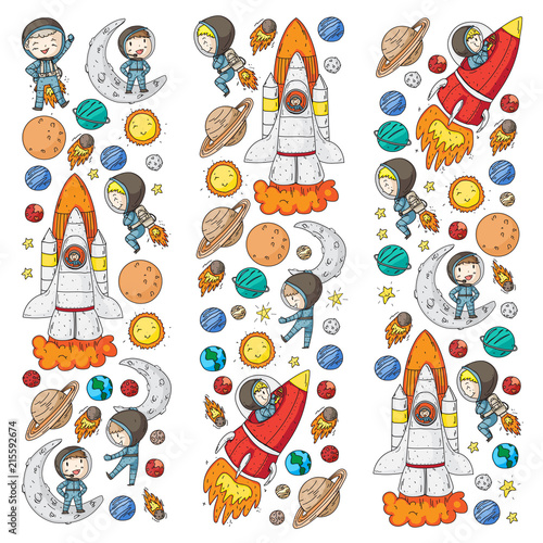 Space for children. Kids and cosmos exploration. Adventures, planets, stars. Earth and Moon. Rocket, shuttle, sun.
