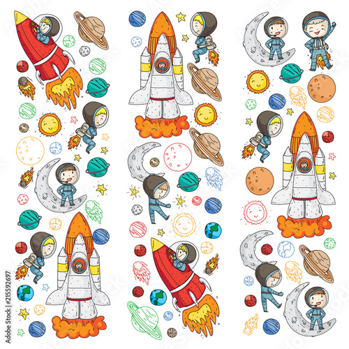 Fototapeta Naklejka Na Ścianę i Meble -  Space for children. Kids and cosmos exploration. Adventures, planets, stars. Earth and Moon. Rocket, shuttle, sun.