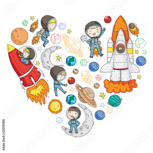 Space for children. Kids and cosmos exploration. Adventures, planets, stars. Earth and Moon. Rocket, shuttle, sun.
