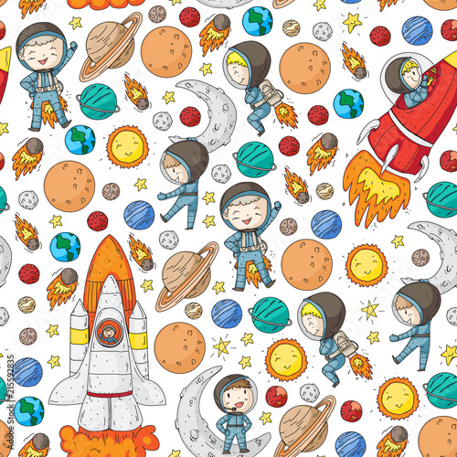 Space for children. Kids and cosmos exploration. Adventures, planets, stars. Earth and Moon. Rocket, shuttle, sun.