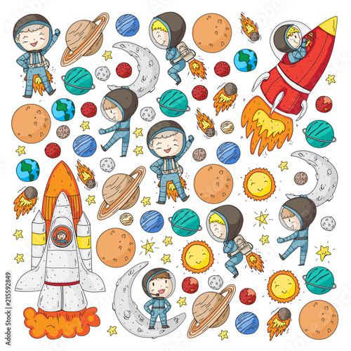 Space for children. Kids and cosmos exploration. Adventures, planets, stars. Earth and Moon. Rocket, shuttle, sun.