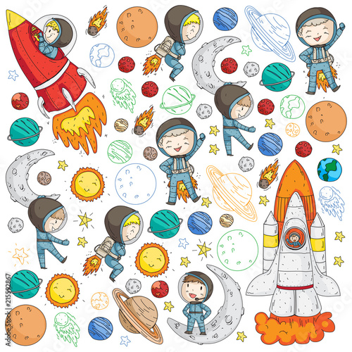 Space for children. Kids and cosmos exploration. Adventures, planets, stars. Earth and Moon. Rocket, shuttle, sun.