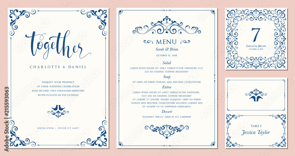 Ornate wedding invitation, table number, menu and place card. Swirl floral templates.  - obrazy, fototapety, plakaty 