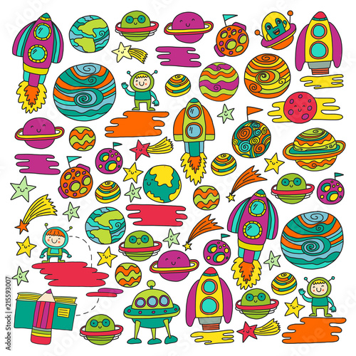 Vector doodle pattern with space icons. Children, kindergarten illustration. Kids drawing style