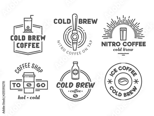 Cold brew coffee and nitro coffee badges. Vector line art logos for cafe of coffee shop.