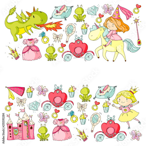 Princess vector patterns. Cute little princess with unicorn and dragon. Castle for little girl, dress, magic wand. Fairy tale icons with crown and frog. Fantasy illustration