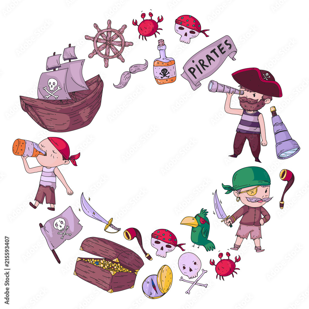 Obraz premium Pirate party for little children. Kindergarten background. Sea and ocean adventures. Ship and pirates, treasure island.