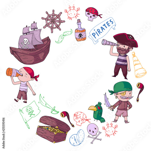 Pirate party for little children. Kindergarten background. Sea and ocean adventures. Ship and pirates, treasure island.