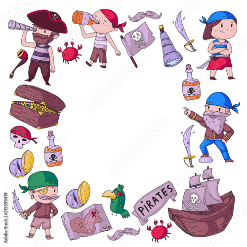 Pirate party for little children. Kindergarten background. Sea and ocean adventures. Ship and pirates, treasure island.